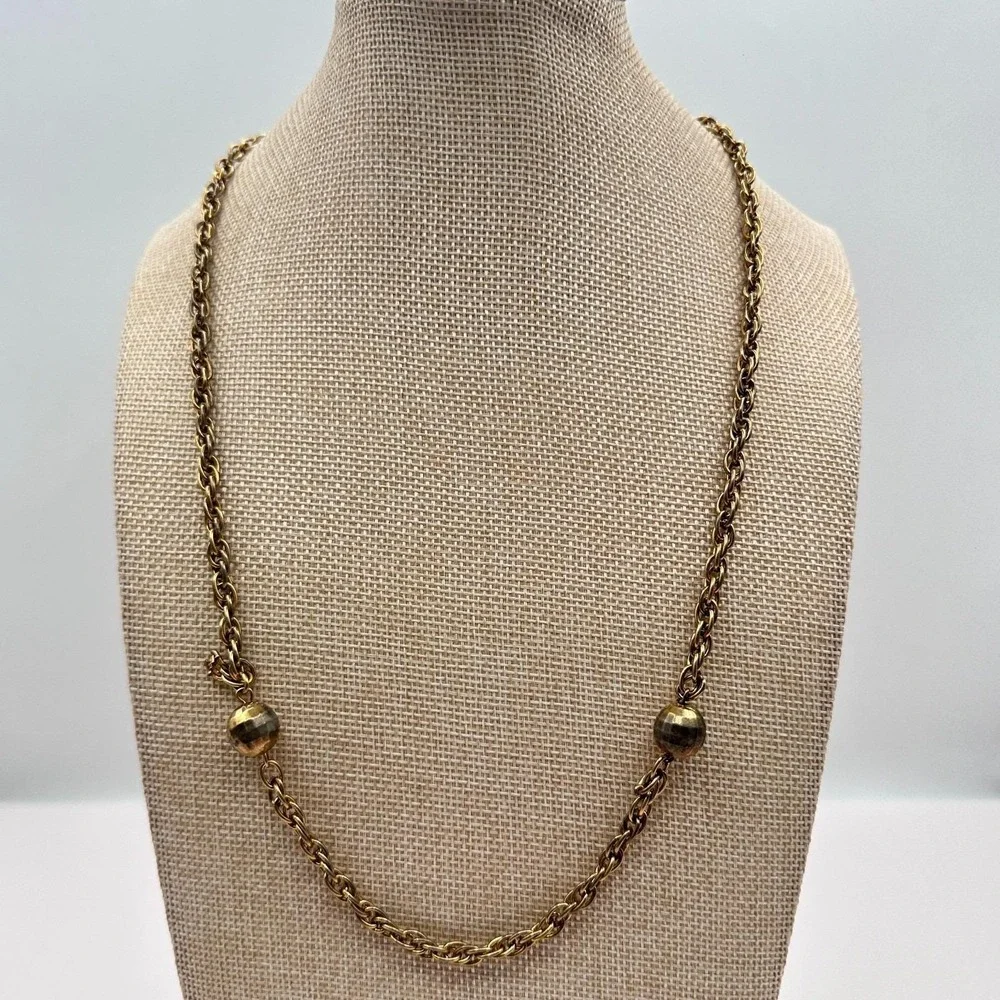 Vintage 80s Gold Tone Ball Bead‎ Station Necklace Rope Chain Statement Jewelry